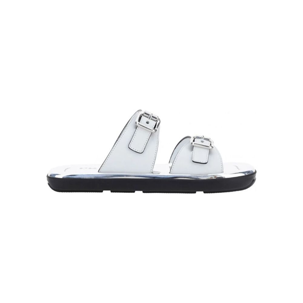 PRADA Natural 20mm Double Buckle Slide Sandal With Metallic Soles In Bianco US40